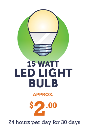 Graphic - 15 watt LED light bulb (approx. $2 - 24 hours per day for 30 days)