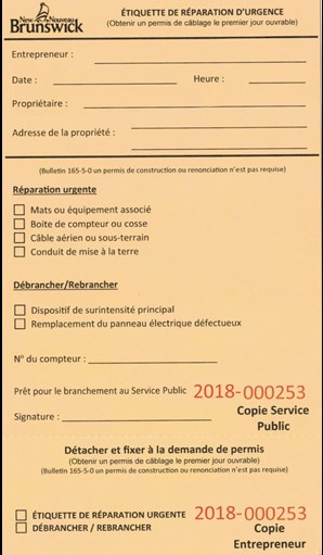 Permis d'étiquette de réparation d'urgence